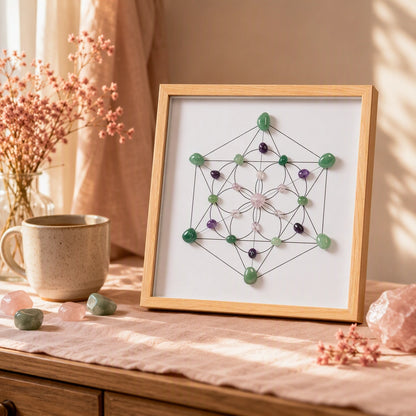 Close-up of the harmony grid crystal arrangement and textured wood-style frame