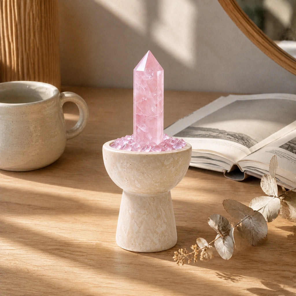 Close-up of the rose quartz crystal chalice with natural stones and travertine details