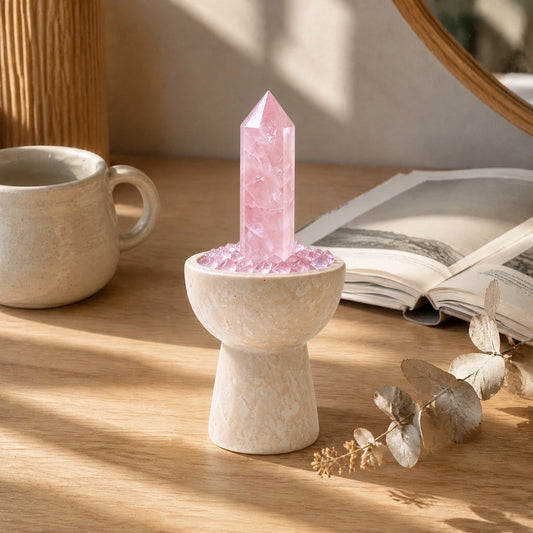 Close-up of the rose quartz crystal chalice with natural stones and travertine details