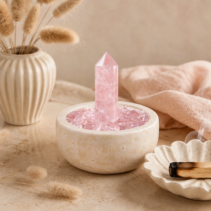 Close-up of the rose focus treasure basin crystal arrangement and textured basin