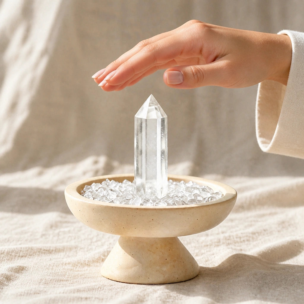 Close-up of the clear crystal focus vessel with natural stones and travertine details