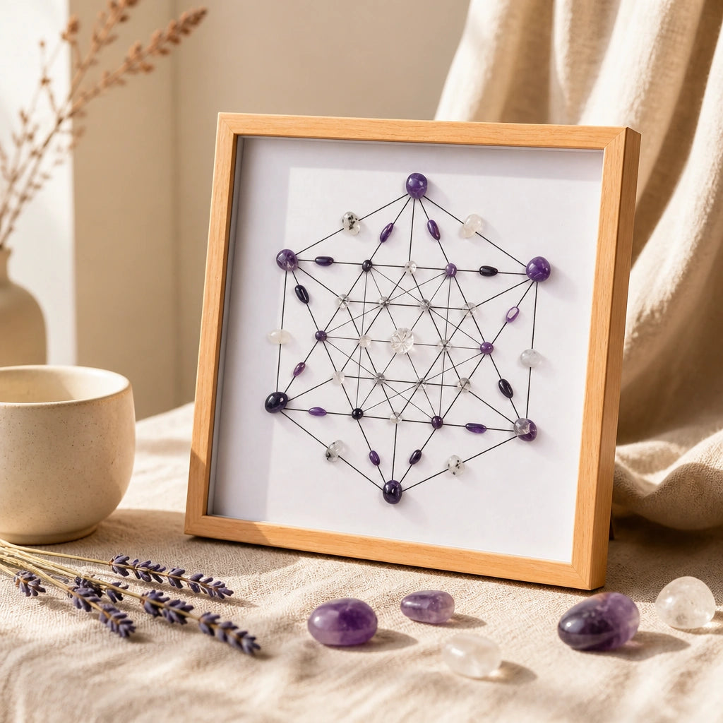 Close-up of the awaken grid crystal arrangement and textured wood-style frame
