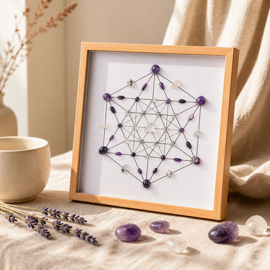 Close-up of the awaken grid crystal arrangement and textured wood-style frame