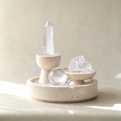 Close-up of the cleansing altar vessel crystal arrangement and altar vessel