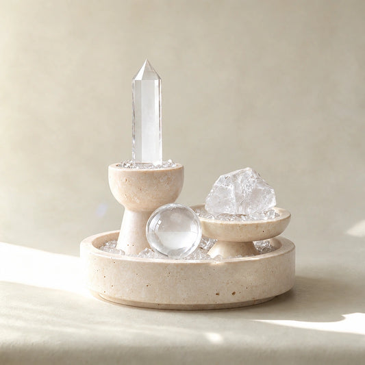 Close-up of the cleansing altar vessel crystal arrangement and altar vessel