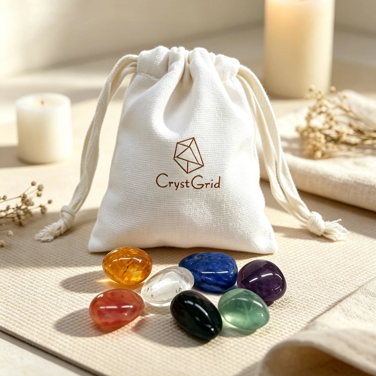 CrystGrid chakra pouch on linen with candles and dried flowers, seven stones in front