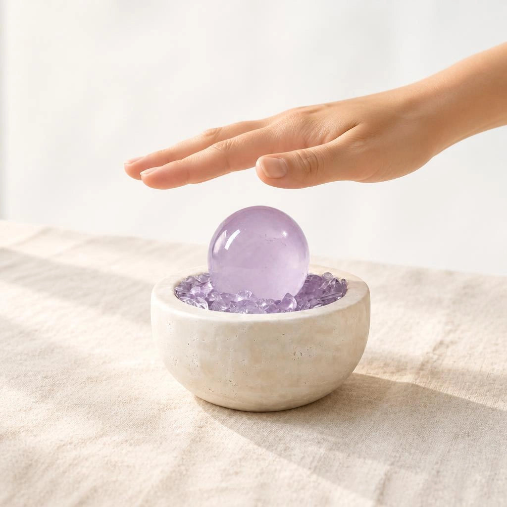 Close-up of the amethyst radiance treasure basin crystal arrangement and textured basin