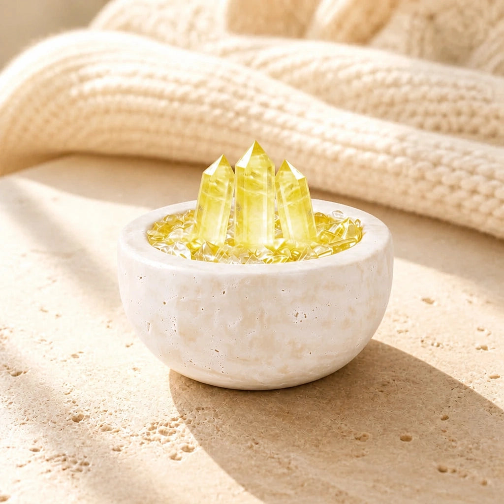 Close-up of the citrine array treasure basin crystal arrangement and textured basin