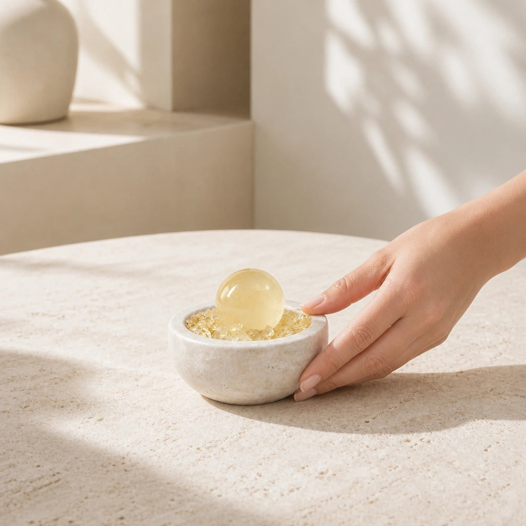 Close-up of the citrine radiance treasure basin crystal arrangement and textured basin