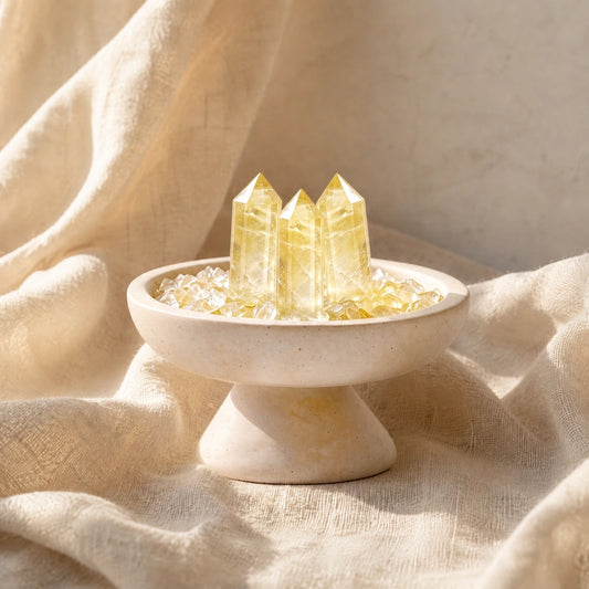 Close-up of the citrine crystal array vessel with natural stones and travertine details