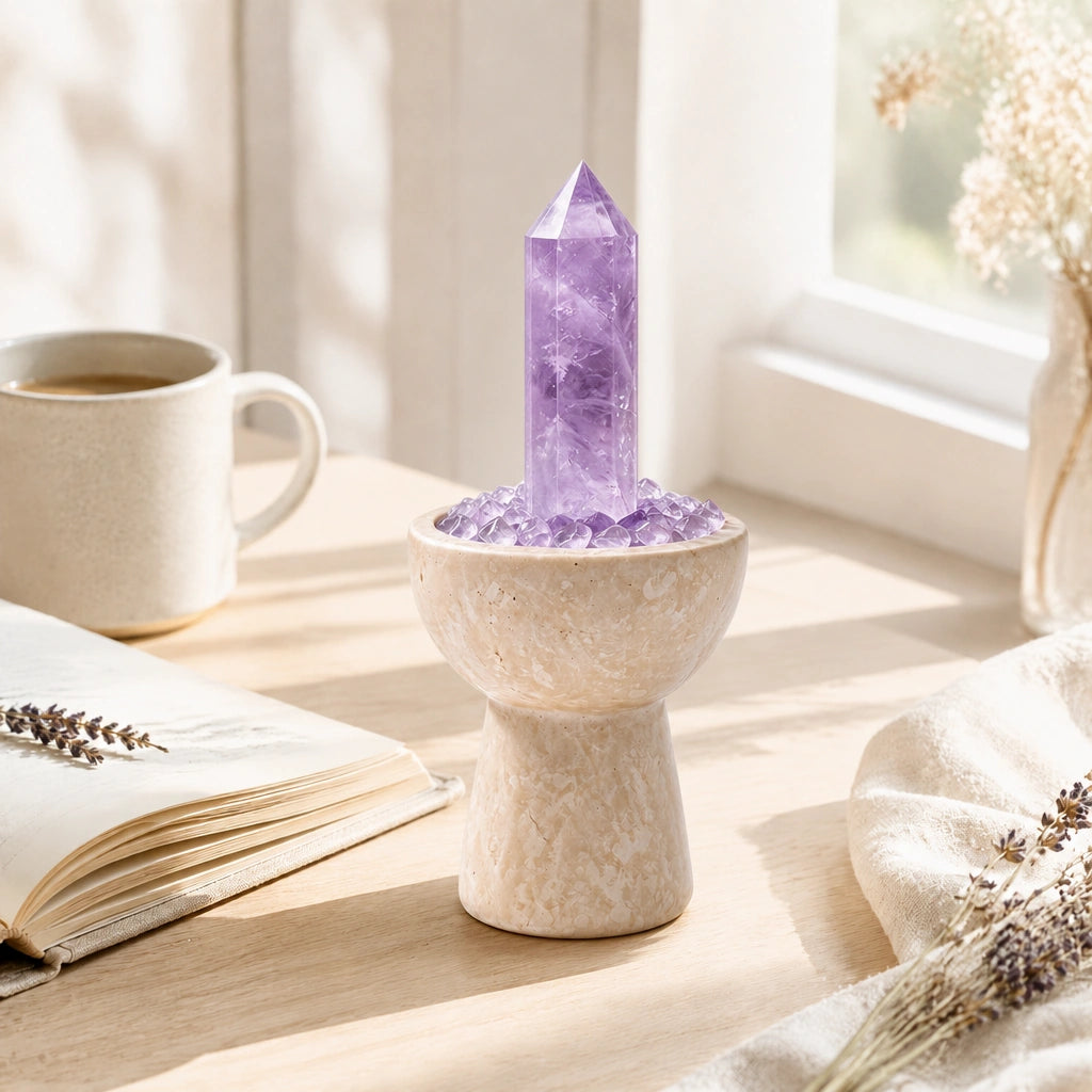 Close-up of the amethyst crystal chalice with natural stones and travertine details