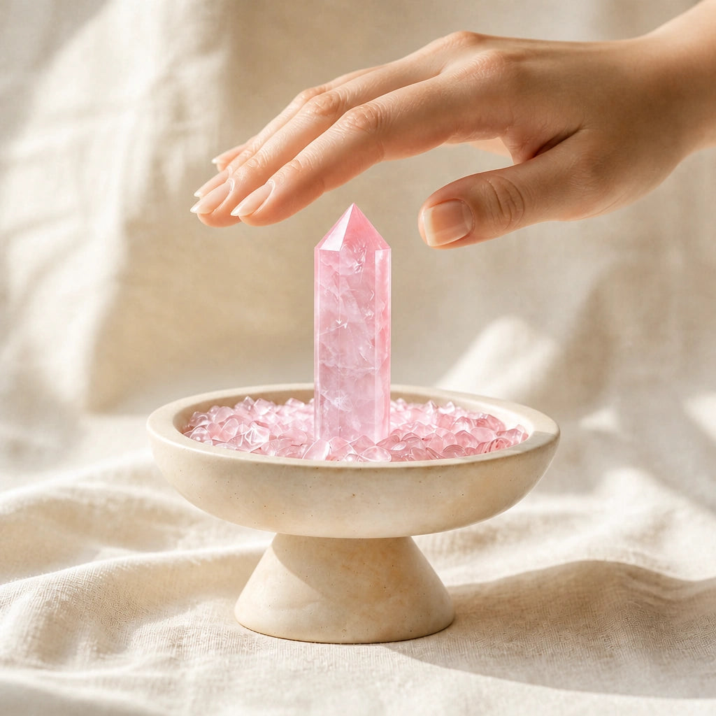 Close-up of the rose crystal focus vessel with natural stones and travertine details