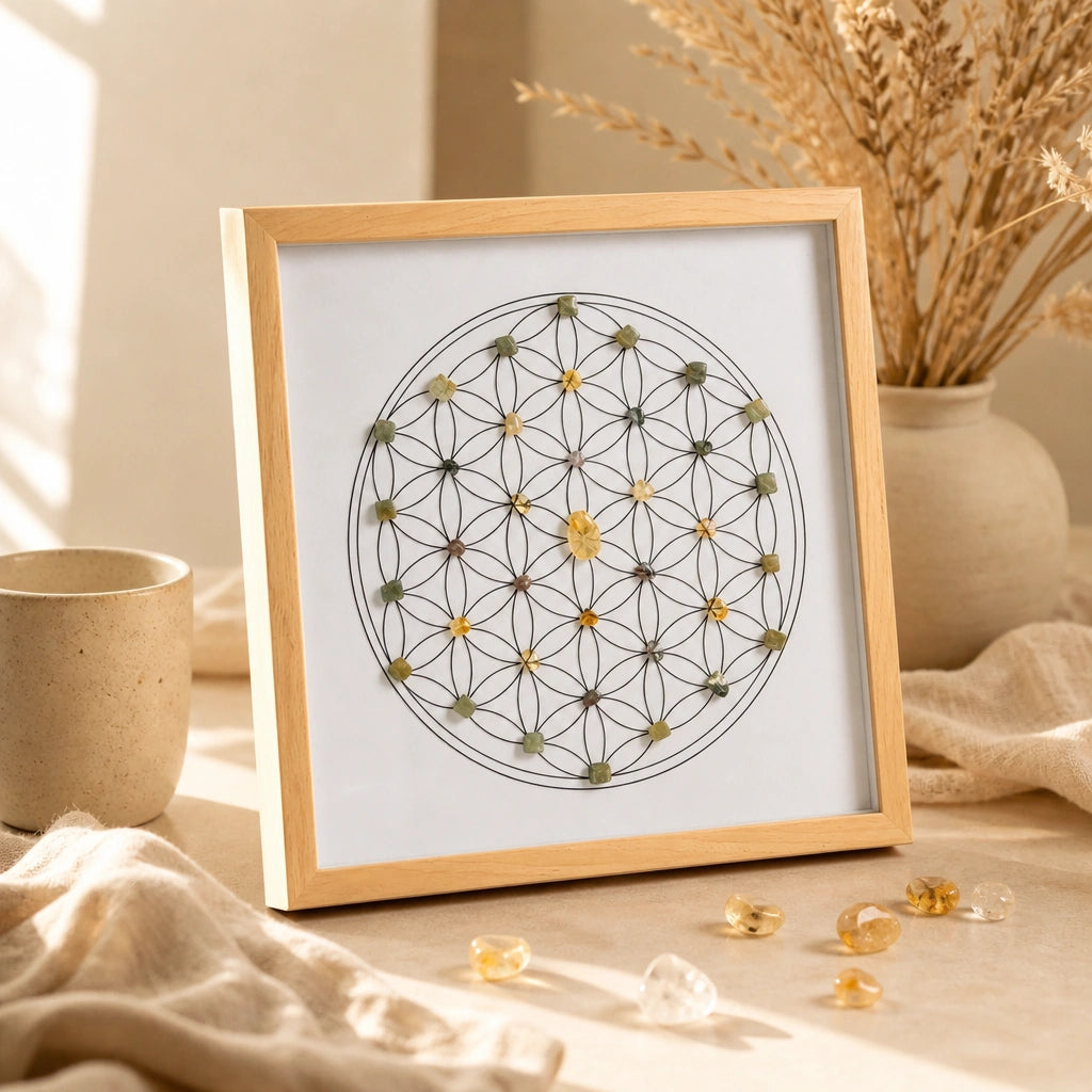 Close-up of the abundance grid crystal arrangement and textured wood-style frame