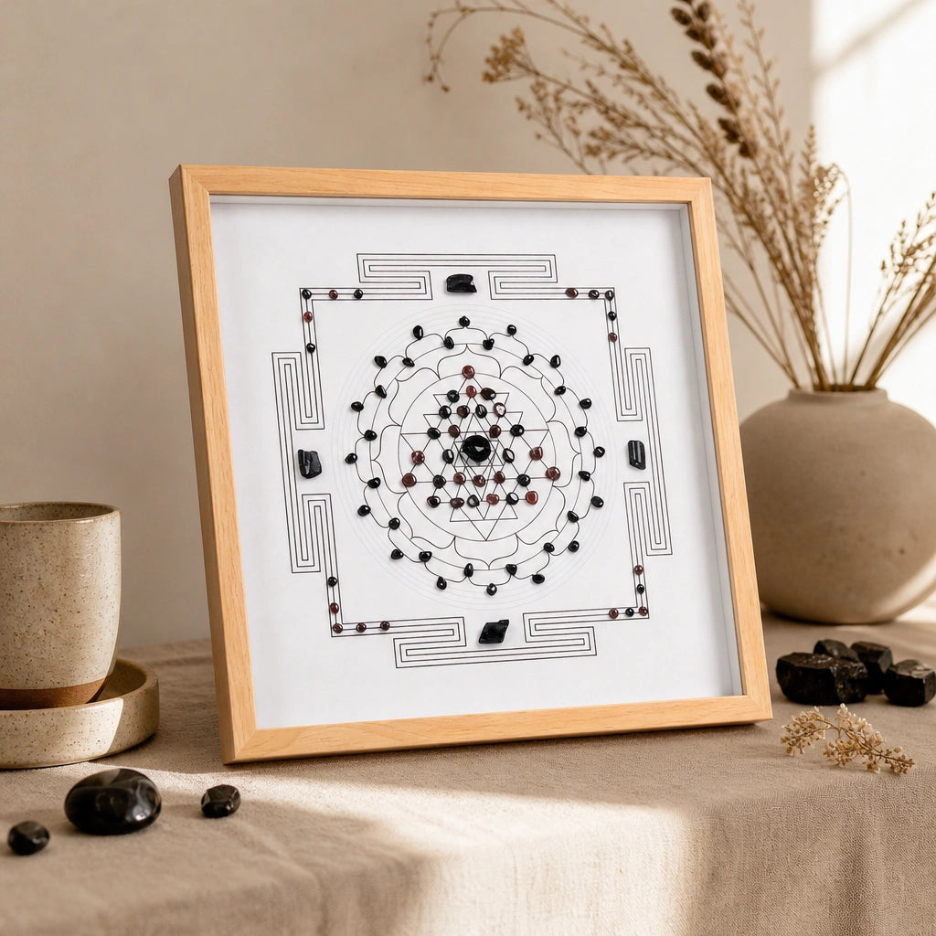 Close-up of the shield grid crystal arrangement and textured wood-style frame