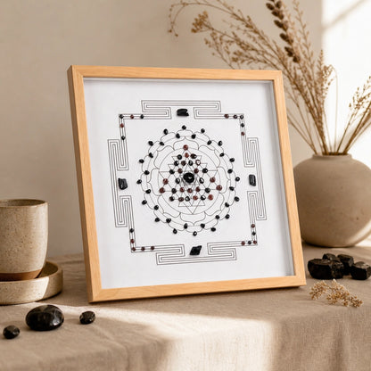 Close-up of the shield grid crystal arrangement and textured wood-style frame
