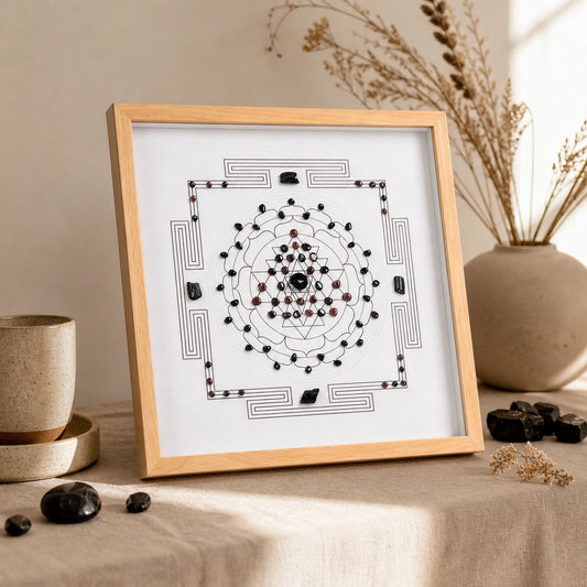 Close-up of the shield grid crystal arrangement and textured wood-style frame