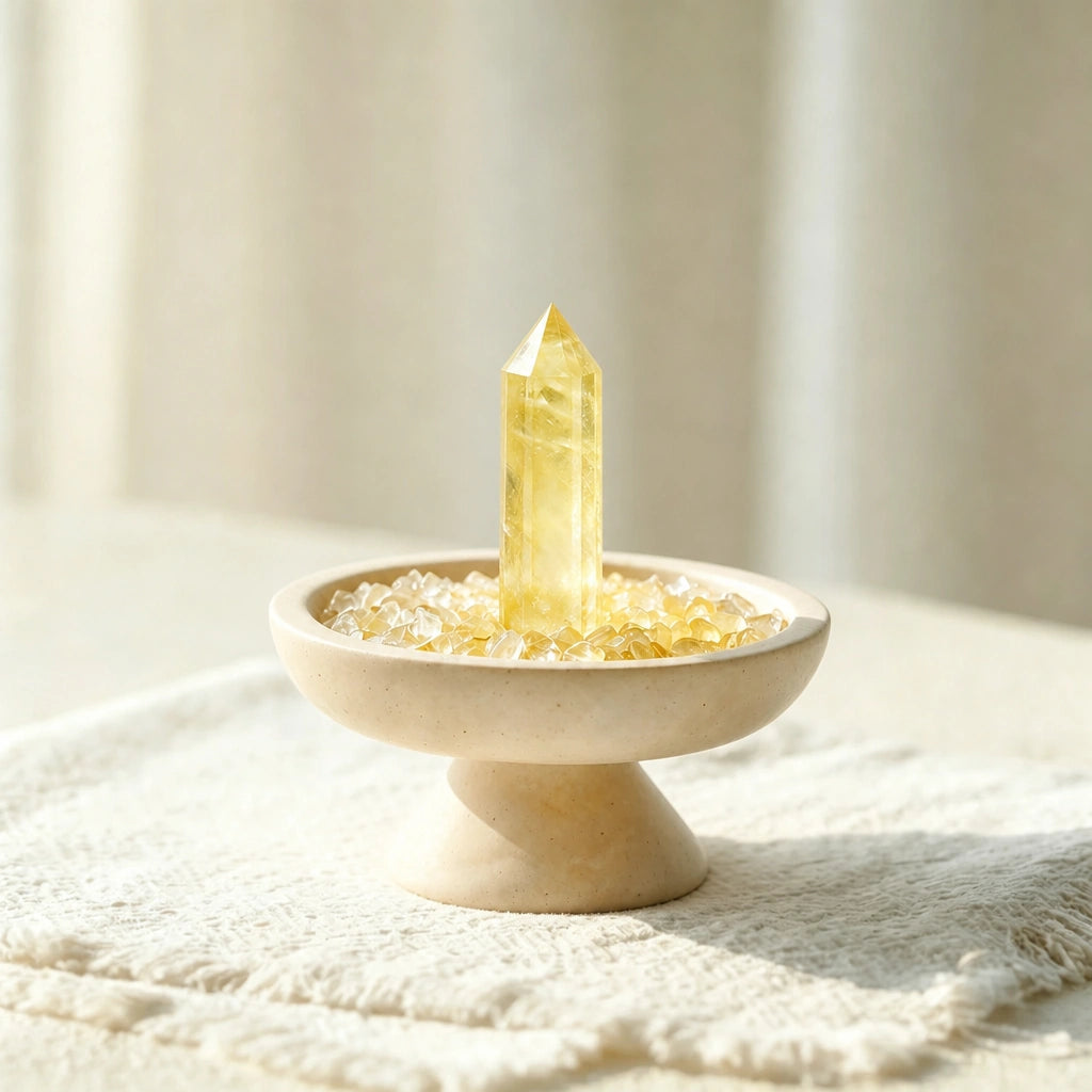 Close-up of the citrine crystal focus vessel with natural stones and travertine details