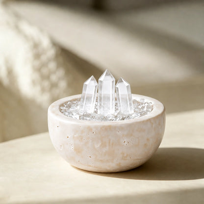Close-up of the clear array treasure basin crystal arrangement and textured basin