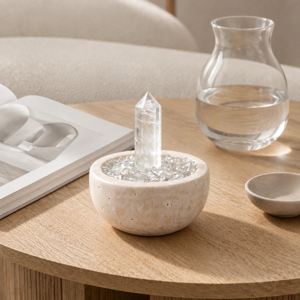 Close-up of the clear focus treasure basin crystal arrangement and textured basin