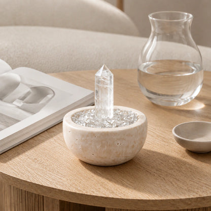 Close-up of the clear focus treasure basin crystal arrangement and textured basin