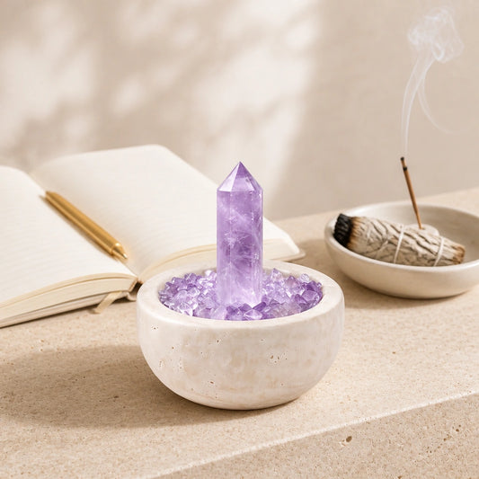 Close-up of the amethyst focus treasure basin crystal arrangement and textured basin