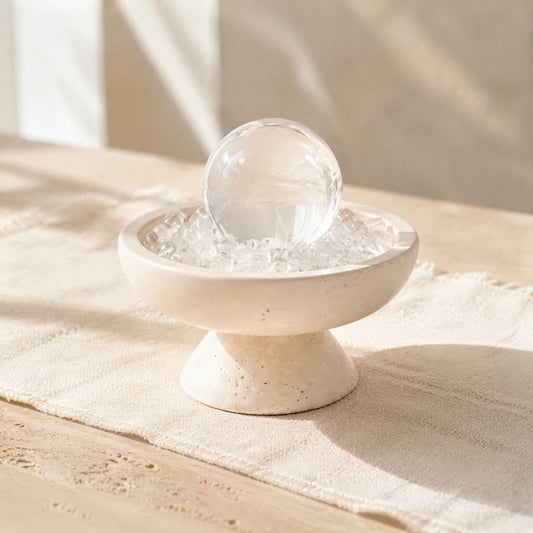 Close-up of the clear crystal radiance vessel with natural stones and travertine details