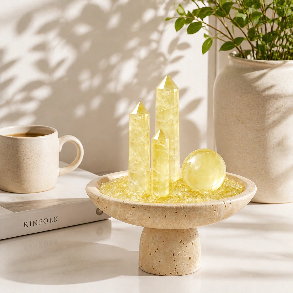 Close-up of the citrine luminara vessel crystal arrangement and altar vessel