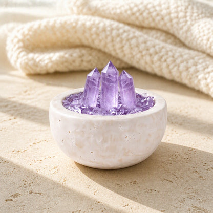 Close-up of the amethyst array treasure basin crystal arrangement and textured basin