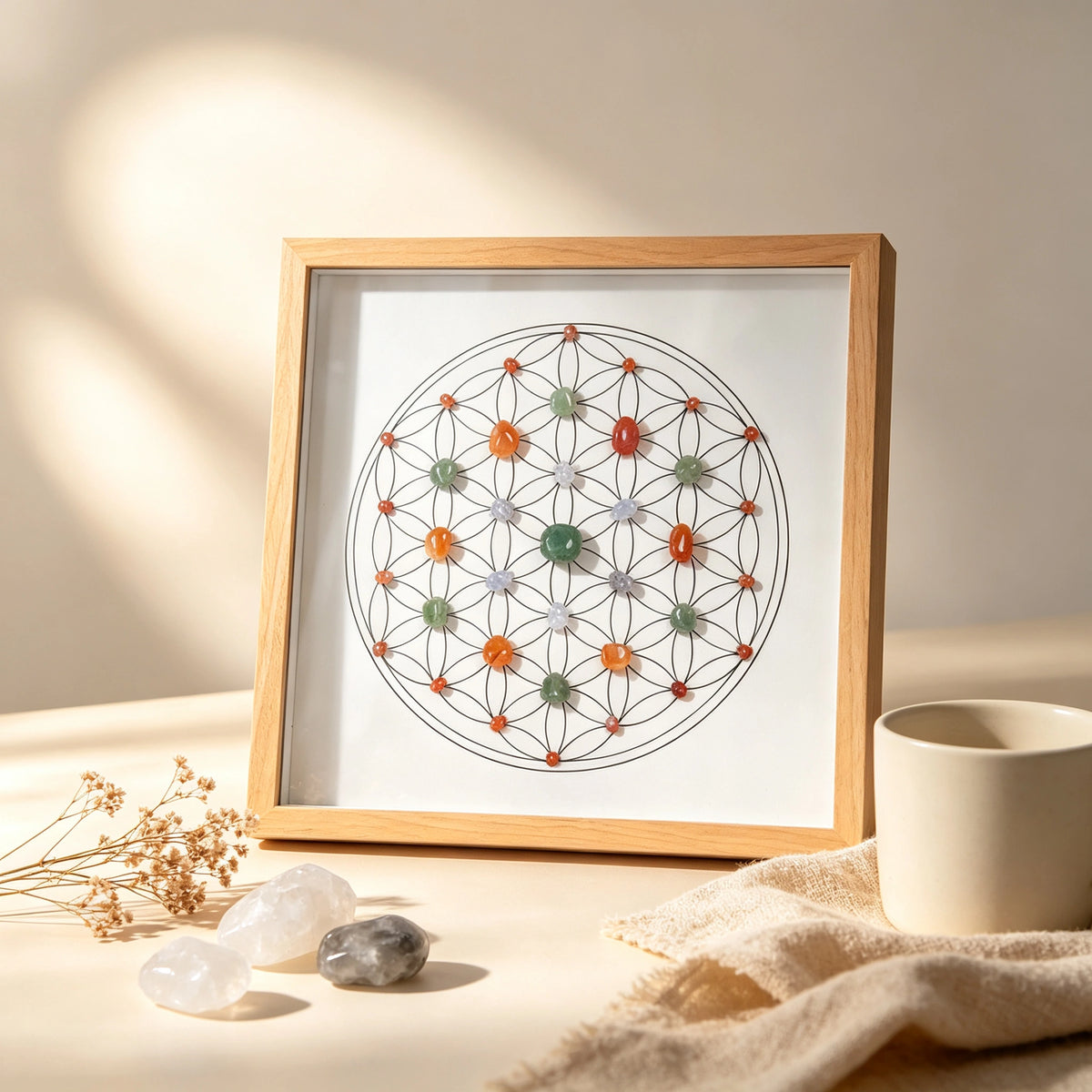 Close-up of the wellness grid crystal arrangement and textured wood-style frame