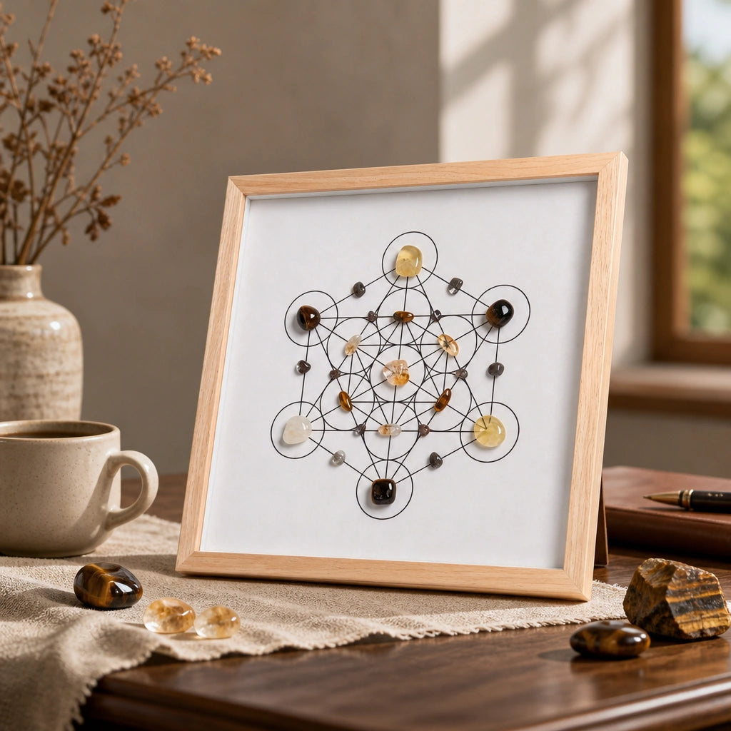 Close-up of the thrive grid crystal arrangement and textured wood-style frame