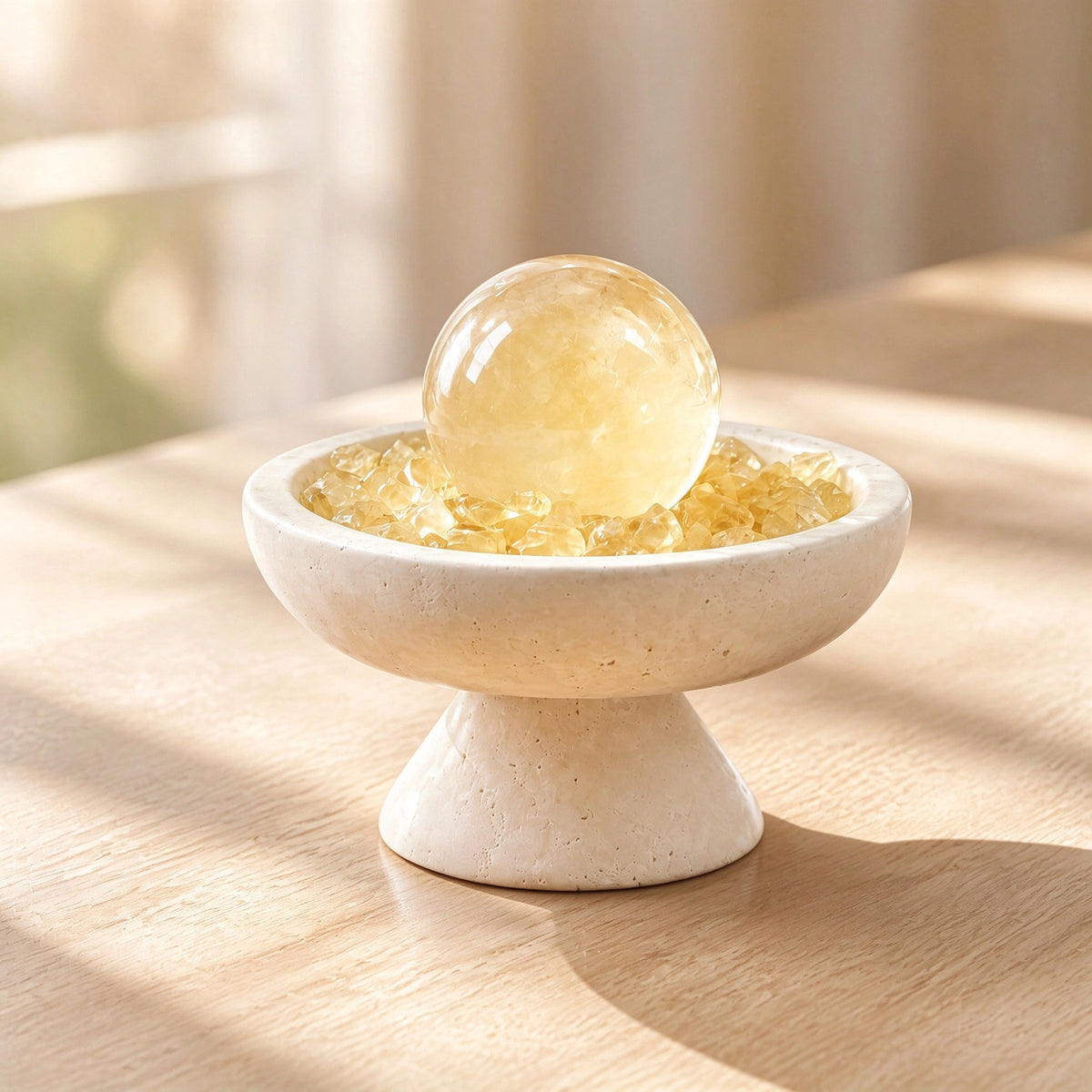 Close-up of the citrine crystal radiance vessel with natural stones and travertine details