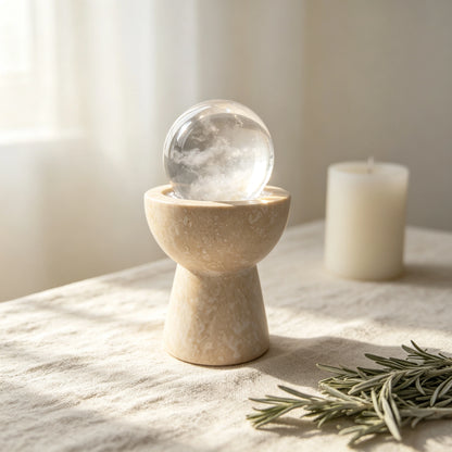 Close-up of the white crystal sphere chalice with natural stones and travertine details