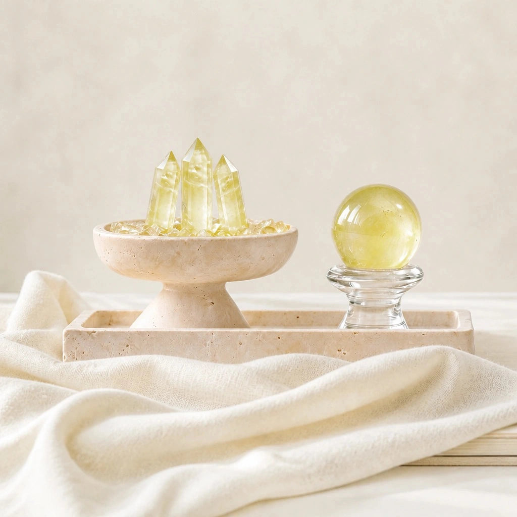 Close-up of the abundance altar vessel crystal arrangement and altar vessel