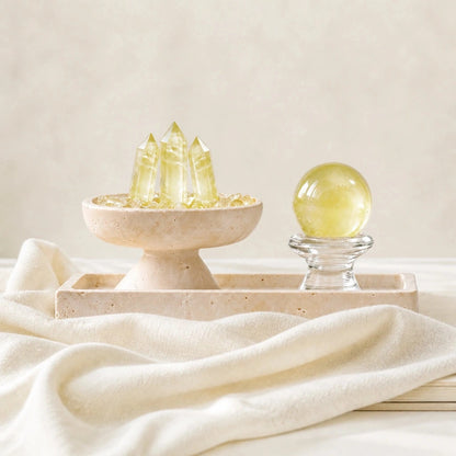 Close-up of the abundance altar vessel crystal arrangement and altar vessel