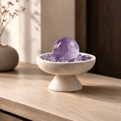 Close-up of the amethyst crystal sphere with natural stones and travertine details