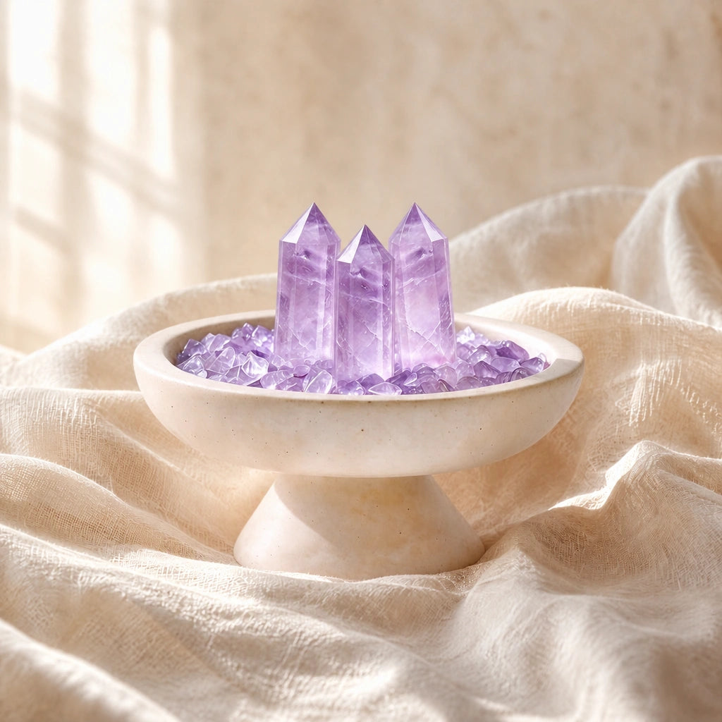 Close-up of the amethyst crystal array vessel with natural stones and travertine details