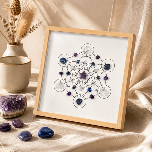 Close-up of the ascend grid crystal arrangement and textured wood-style frame