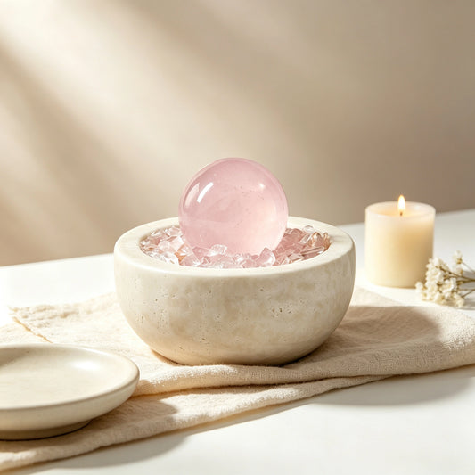 Close-up of the rose radiance treasure basin crystal arrangement and textured basin