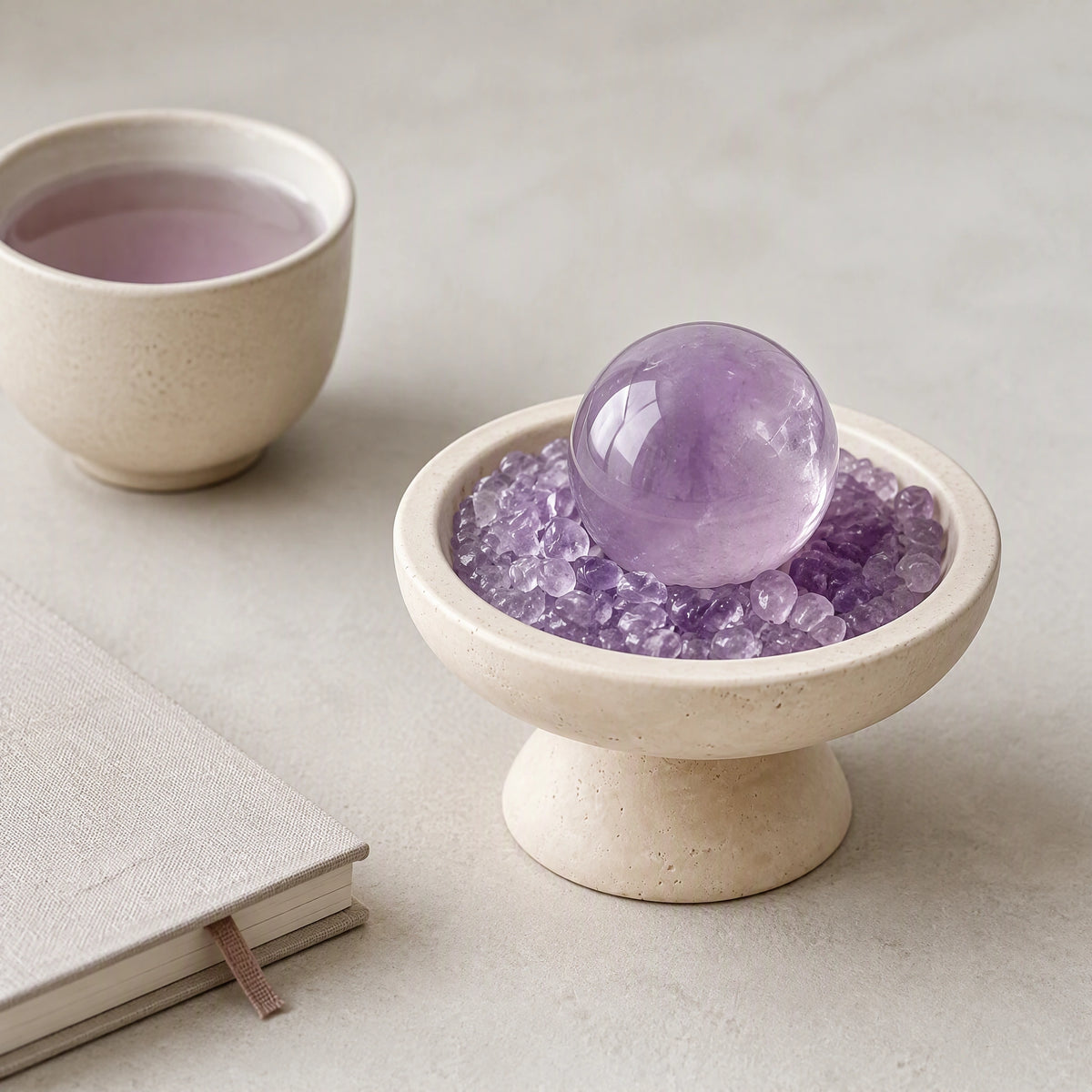 Overhead view of amethyst crystals and loose crystal stones arranged in the vessel