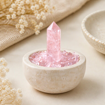 Front view of the rose focus treasure basin altar vessel with natural crystal decor