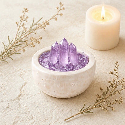 Front view of the amethyst array treasure basin altar vessel with natural crystal decor