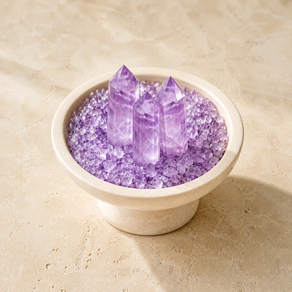 Overhead view of amethyst crystals arranged in the array vessel with loose crystal stones