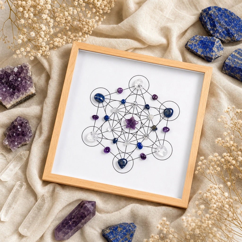 Front view of the ascend grid with natural crystals arranged in a geometric grid