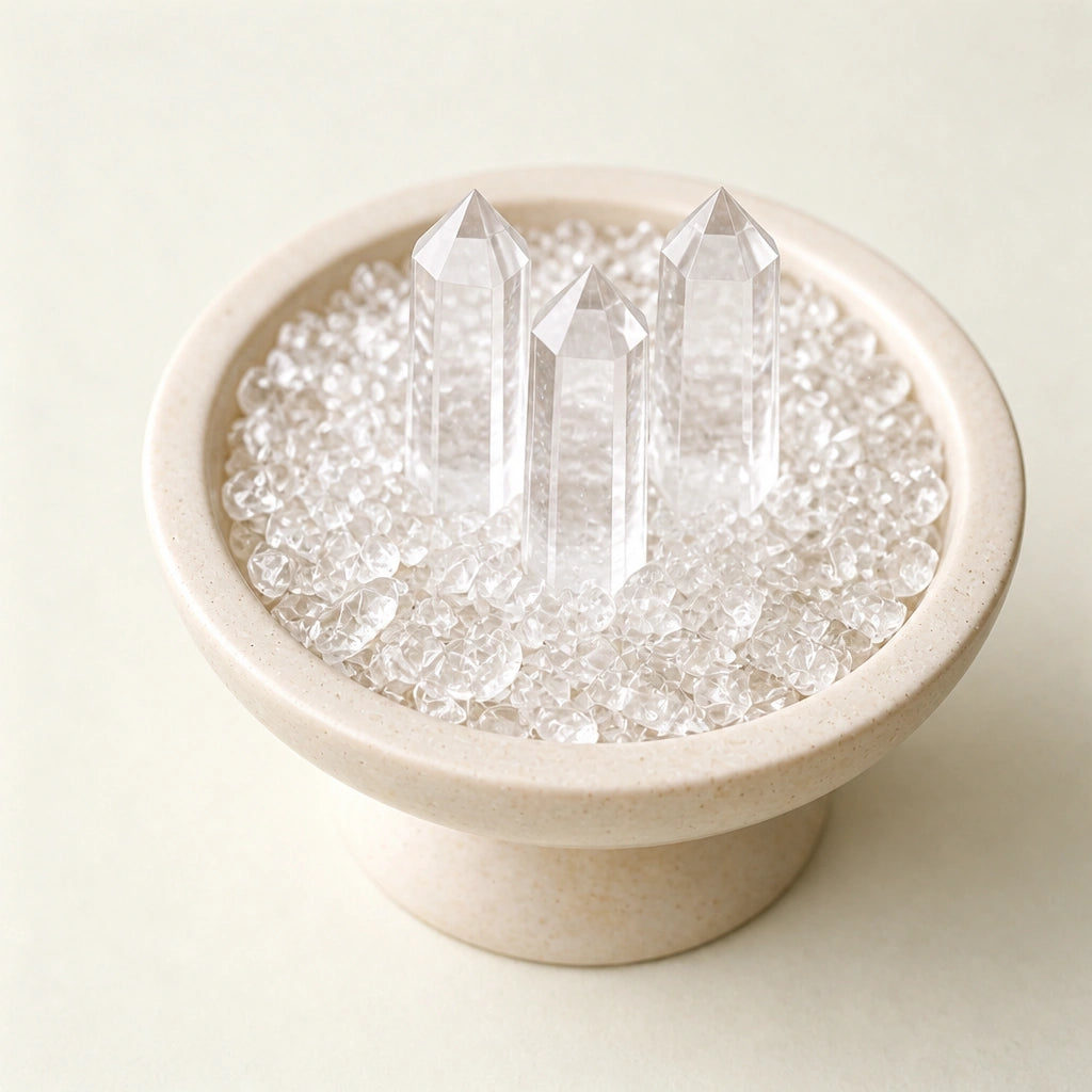 Close-up of natural white crystal points and loose crushed crystal stones in vessel