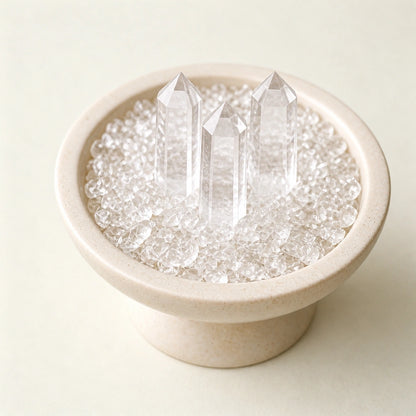Close-up of natural white crystal points and loose crushed crystal stones in vessel