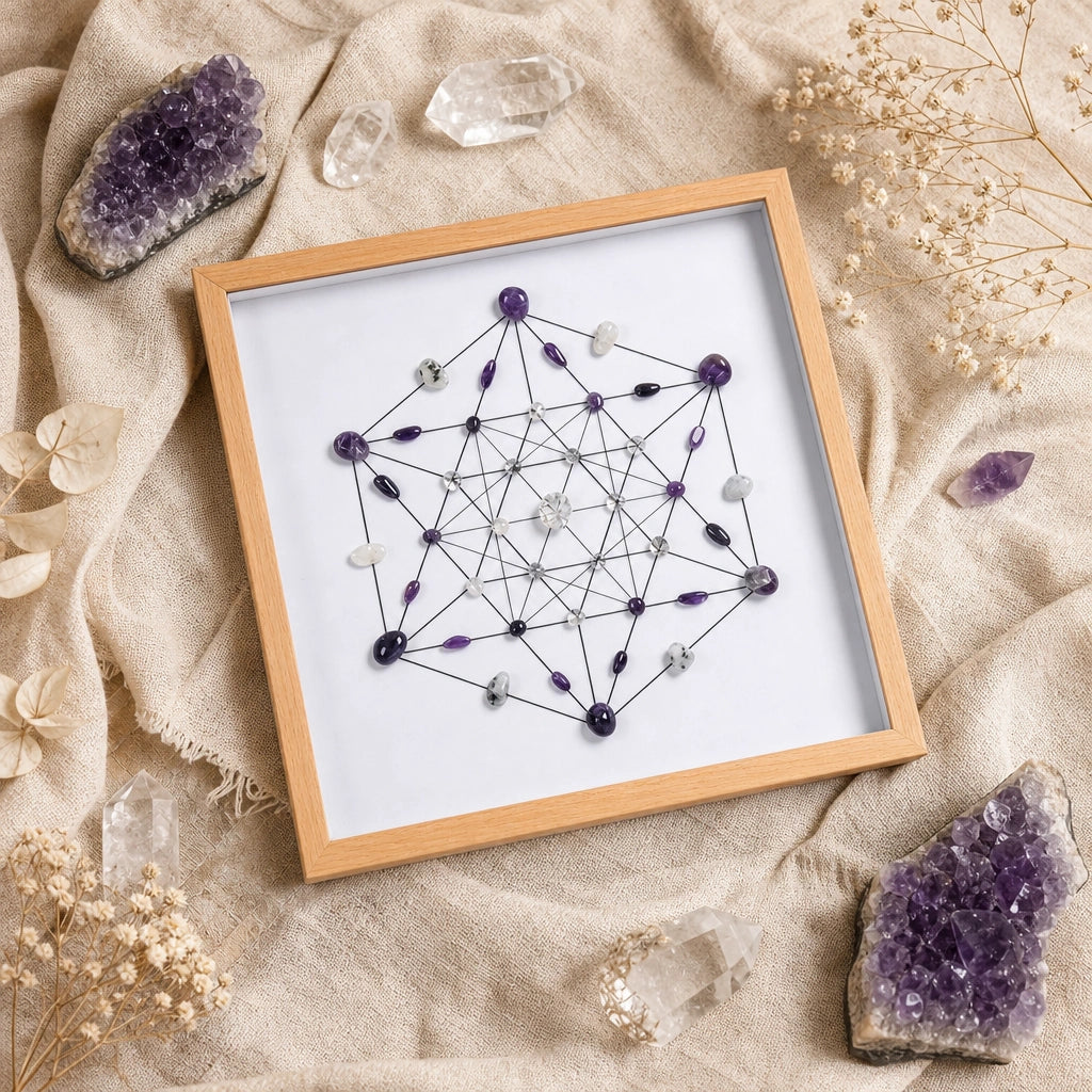Front view of the awaken grid with natural crystals arranged in a geometric grid