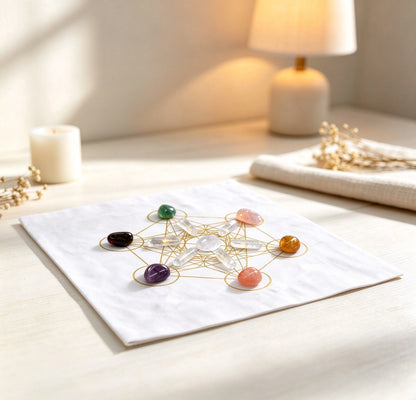 Self Union chakra grid laid on a black cloth on a wooden table with candle, lamp and dried flowers