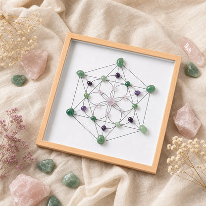 Front view of the harmony grid with natural crystals arranged in a geometric grid