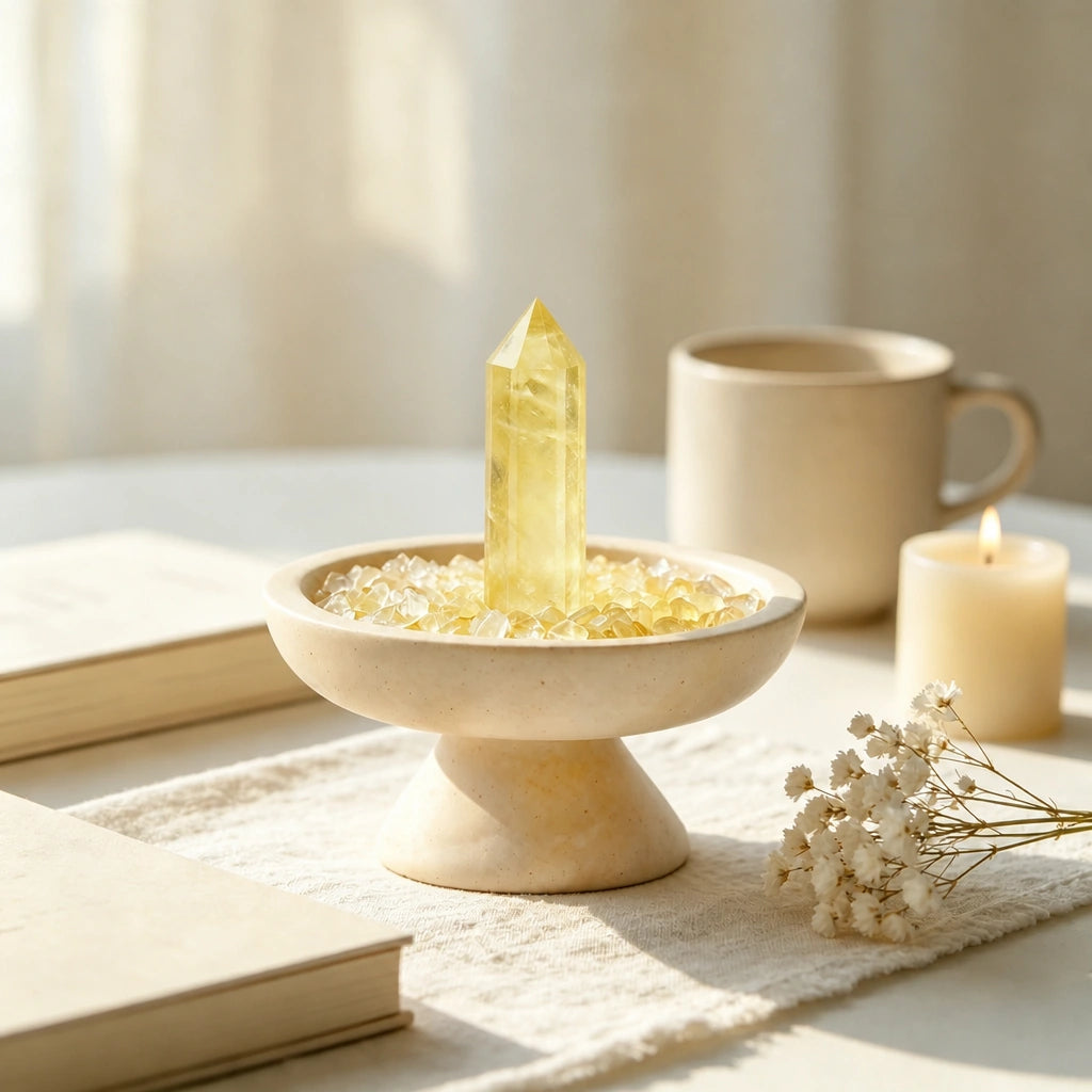 Overhead view of citrine crystals arranged in the focus vessel with loose crystal stones