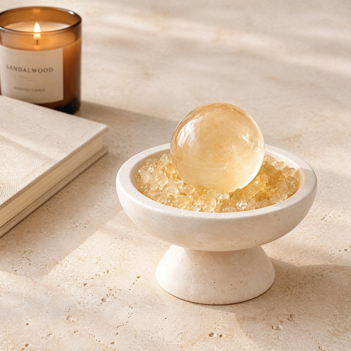 Overhead view of citrine crystals arranged in the radiance vessel with loose crystal stones